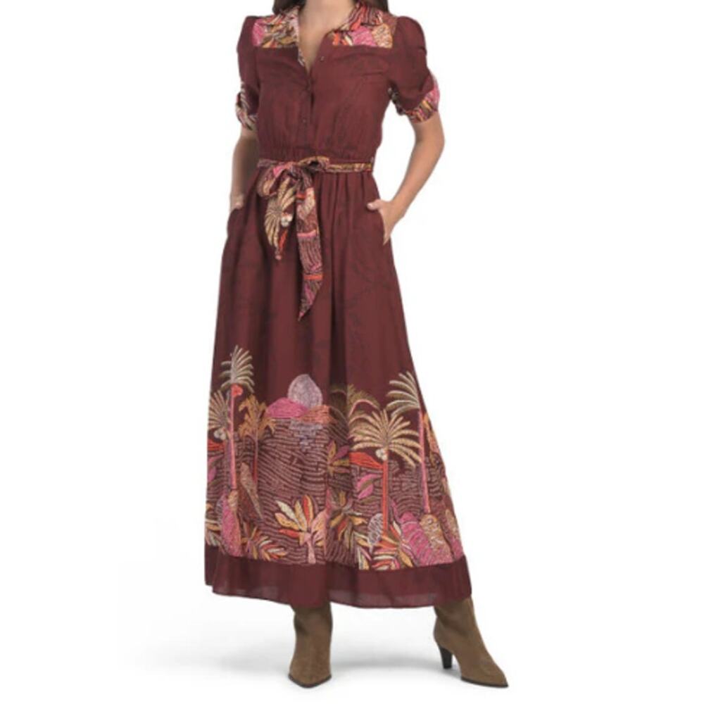 Celina Moon Short Sleeve Safari Print Maxi Dress Burgundy Size Large NWT